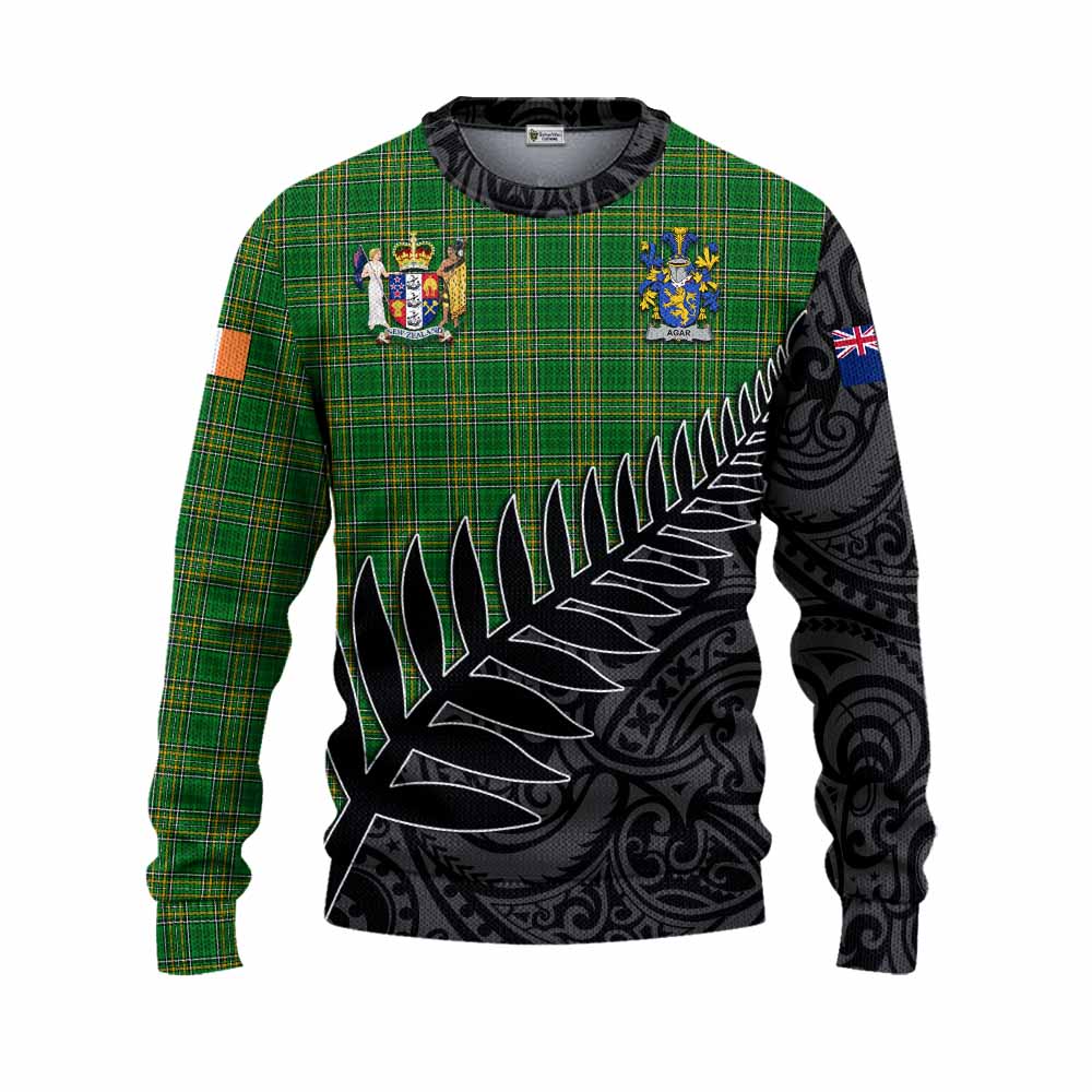 Tartan Vibes Clothing Agar Irish Clan Tartan Knitted Sweater with Coat of Arms New Zealand Silver Fern Half Style