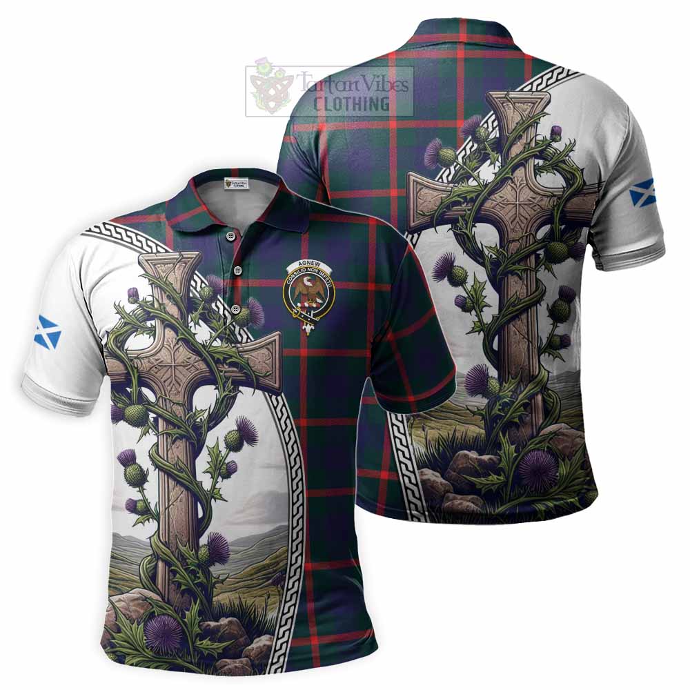 Tartan Vibes Clothing Agnew Tartan Polo Shirt with Family Crest and St. Andrew's Cross Accented by Thistle Vines