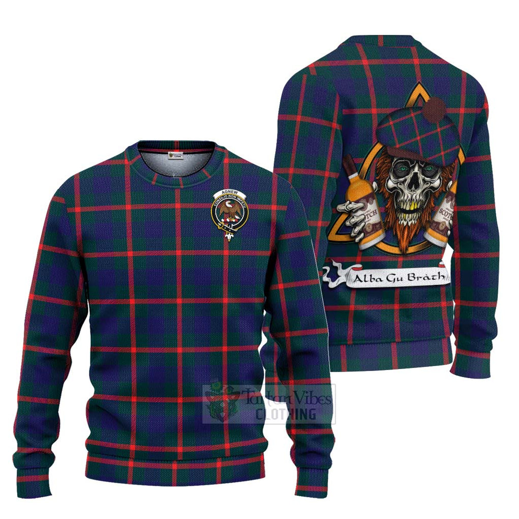 Tartan Vibes Clothing Agnew Tartan Knitted Sweater with Family Crest and Bearded Skull Holding Bottles of Whiskey