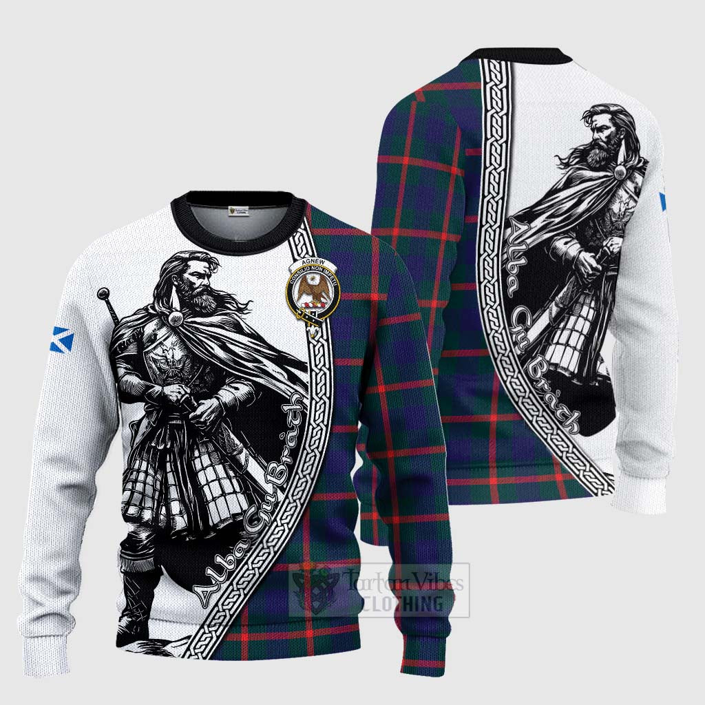 Tartan Vibes Clothing Agnew Tartan Clan Crest Knitted Sweater with Highlander Warrior Celtic Style