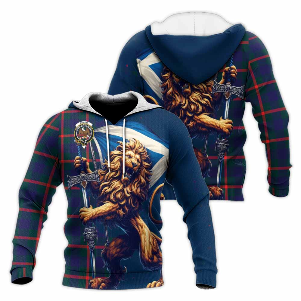 Tartan Vibes Clothing Agnew Tartan Family Crest Knitted Hoodie with Scottish Majestic Lion