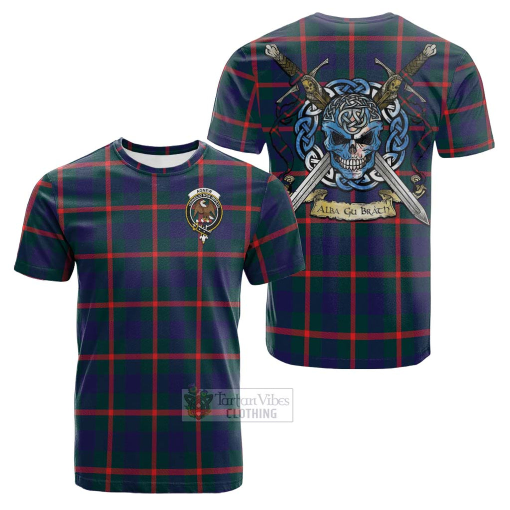 Tartan Vibes Clothing Agnew Tartan Cotton T-shirt with Family Crest Celtic Skull Style