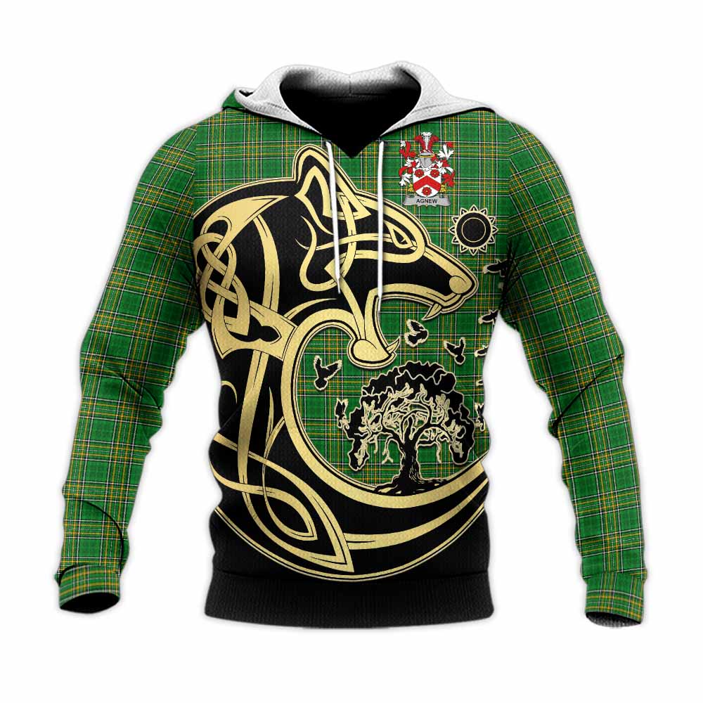 Tartan Vibes Clothing Agnew Irish Tartan Knitted Hoodie with Coat of Arms Celtic Wolf Style