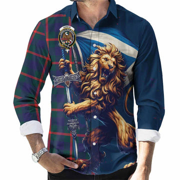 Agnew Tartan Family Crest Long Sleeve Button Shirt with Scottish Majestic Lion