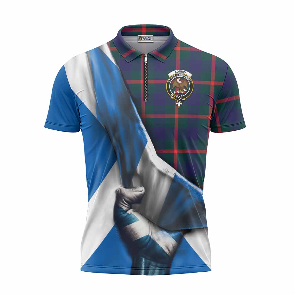 Tartan Vibes Clothing Agnew Tartan Zipper Polo Shirt with Family Crest Scotland Patriotic Style