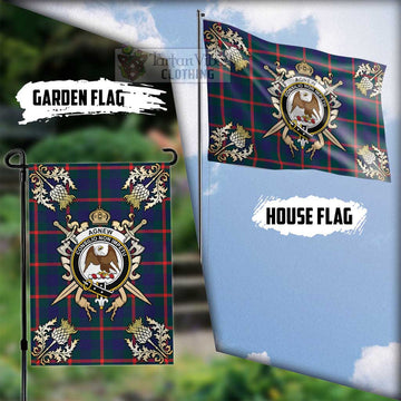 Agnew Tartan Flag with Family Crest and Golden Thistle Crossed Sword Design