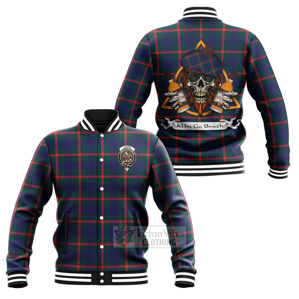 Tartan Vibes Clothing Agnew Tartan Baseball Jacket with Family Crest and Bearded Skull Holding Bottles of Whiskey