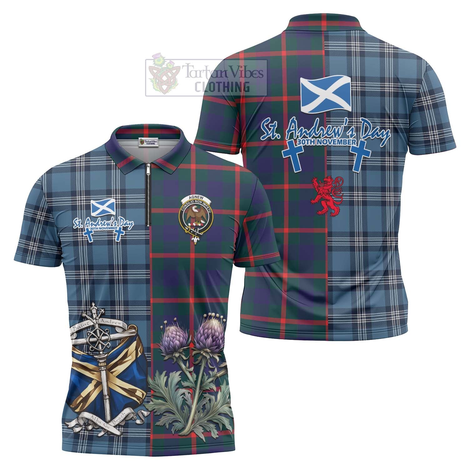 Tartan Vibes Clothing Agnew Tartan Zipper Polo Shirt Happy St. Andrew's Day Half Tartan Style