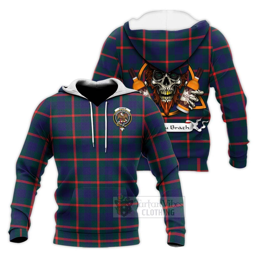 Tartan Vibes Clothing Agnew Tartan Knitted Hoodie with Family Crest and Bearded Skull Holding Bottles of Whiskey