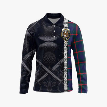 Agnew Tartan Long Sleeve Polo Shirt with Family Crest Cross Sword Thistle Celtic Vibes