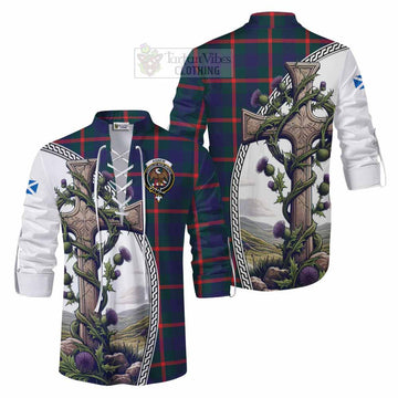 Agnew Tartan Ghillie Kilt Shirt with Family Crest and St. Andrew's Cross Accented by Thistle Vines