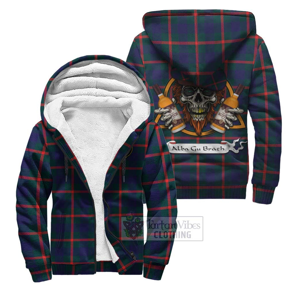 Tartan Vibes Clothing Agnew Tartan Sherpa Hoodie with Family Crest and Bearded Skull Holding Bottles of Whiskey