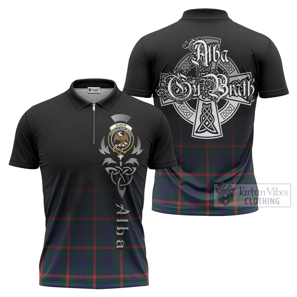 Tartan Vibes Clothing Agnew Tartan Zipper Polo Shirt Featuring Alba Gu Brath Family Crest Celtic Inspired