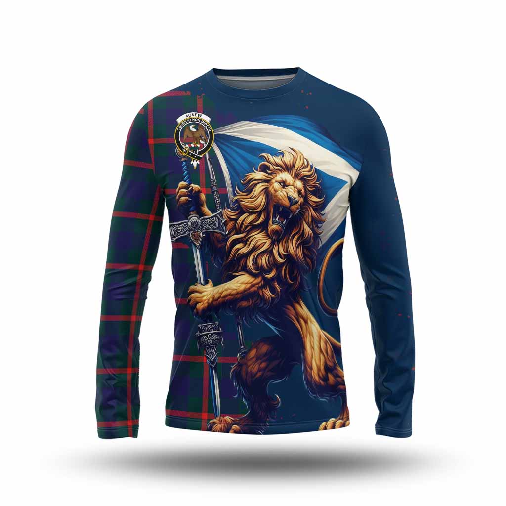 Tartan Vibes Clothing Agnew Tartan Family Crest Long Sleeve T-Shirt with Scottish Majestic Lion