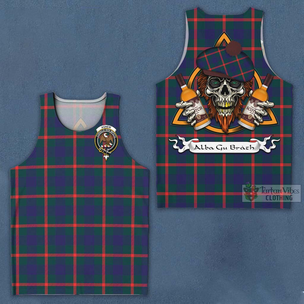 Tartan Vibes Clothing Agnew Tartan Men's Tank Top with Family Crest and Bearded Skull Holding Bottles of Whiskey