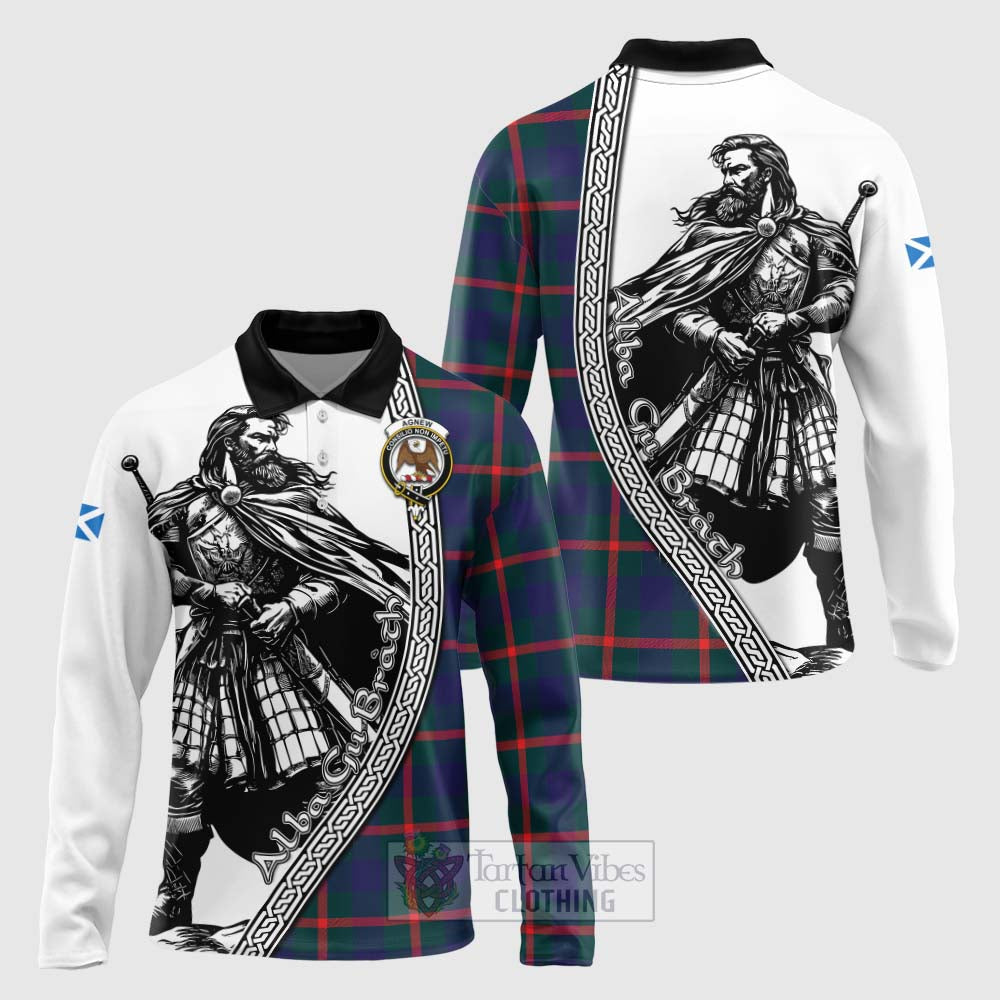 Tartan Vibes Clothing Agnew Tartan Clan Crest Long Sleeve Polo Shirt with Highlander Warrior Celtic Style