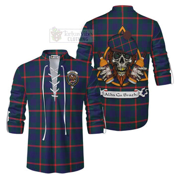 Agnew Tartan Ghillie Kilt Shirt with Family Crest and Bearded Skull Holding Bottles of Whiskey