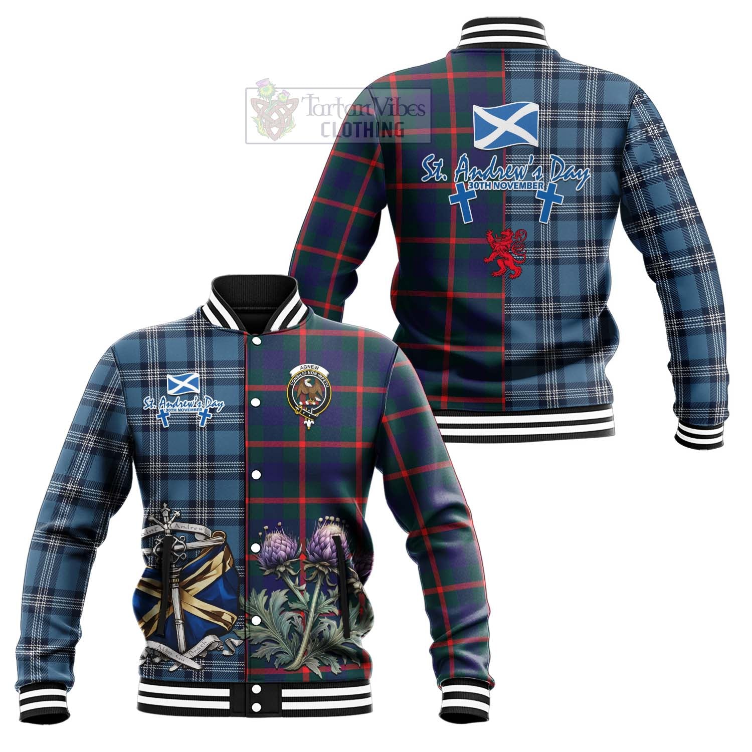 Tartan Vibes Clothing Agnew Tartan Baseball Jacket Happy St. Andrew's Day Half Tartan Style