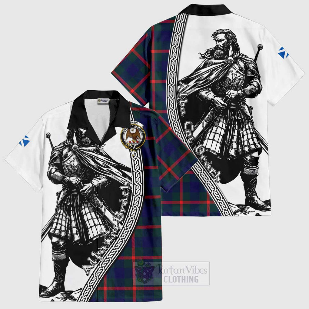 Tartan Vibes Clothing Agnew Tartan Clan Crest Short Sleeve Button Shirt with Highlander Warrior Celtic Style