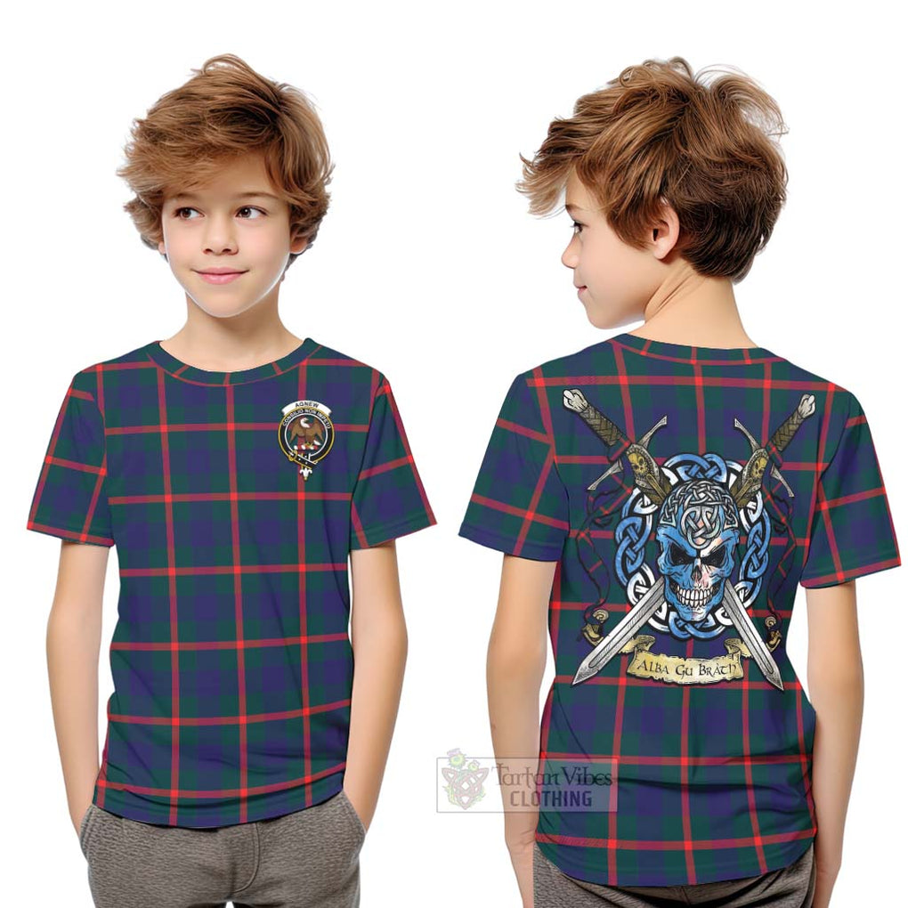 Tartan Vibes Clothing Agnew Tartan Kid T-Shirt with Family Crest Celtic Skull Style