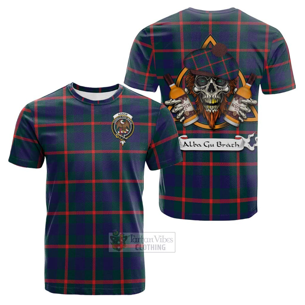 Tartan Vibes Clothing Agnew Tartan Cotton T-shirt with Family Crest and Bearded Skull Holding Bottles of Whiskey