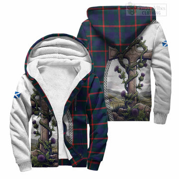 Agnew Tartan Sherpa Hoodie with Family Crest and St. Andrew's Cross Accented by Thistle Vines