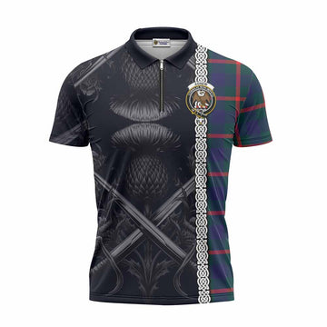 Agnew Tartan Zipper Polo Shirt with Family Crest Cross Sword Thistle Celtic Vibes