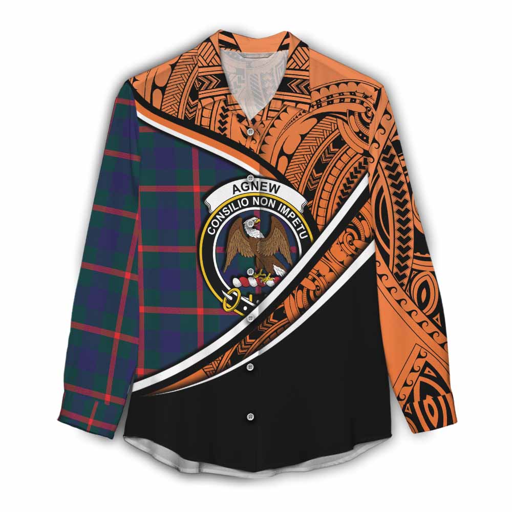 Tartan Vibes Clothing Agnew Crest Tartan Women's Casual Shirt with Maori Tattoo Style - Orange Version