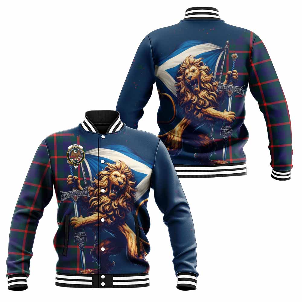 Tartan Vibes Clothing Agnew Tartan Family Crest Baseball Jacket with Scottish Majestic Lion