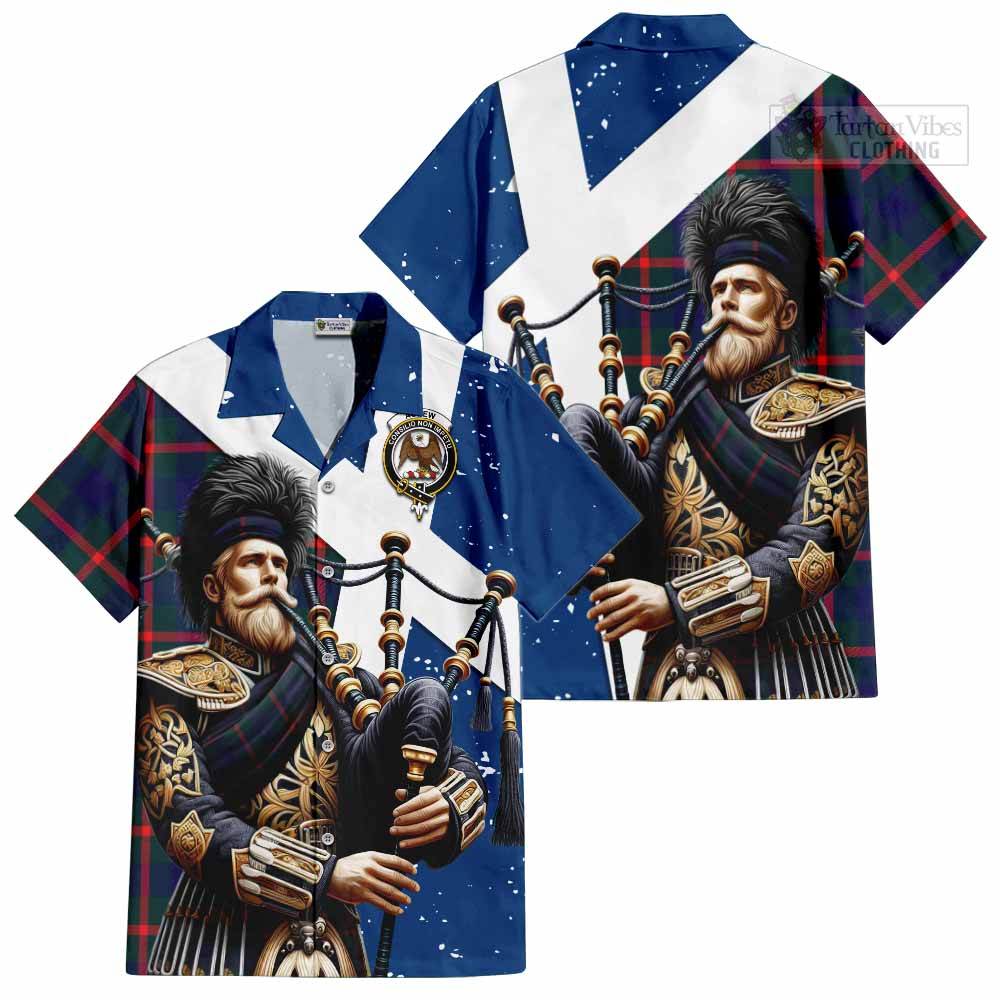 Tartan Vibes Clothing Agnew Tartan Short Sleeve Button Shirt with Family Crest Scottish Bagpiper Vibes