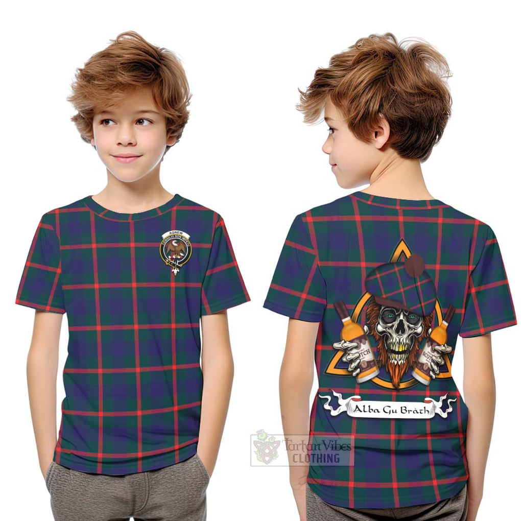 Tartan Vibes Clothing Agnew Tartan Kid T-Shirt with Family Crest and Bearded Skull Holding Bottles of Whiskey