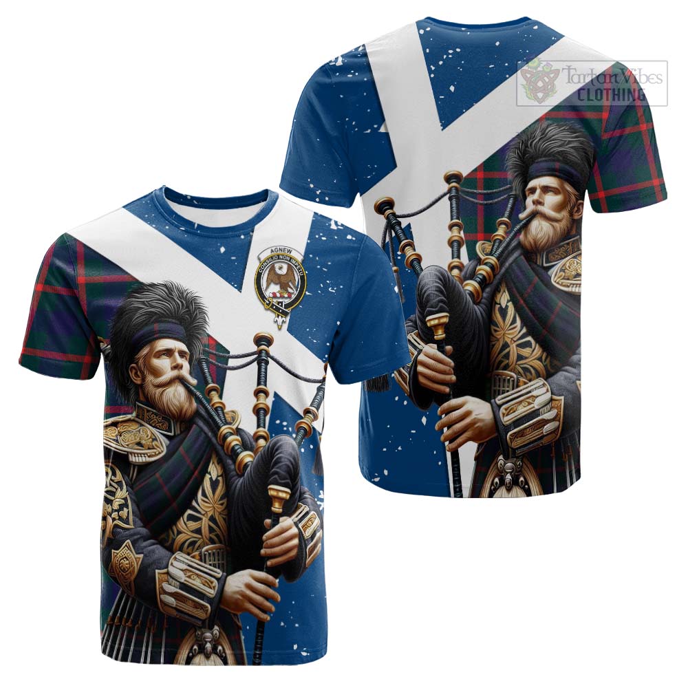 Tartan Vibes Clothing Agnew Tartan Cotton T-shirt with Family Crest Scottish Bagpiper Vibes