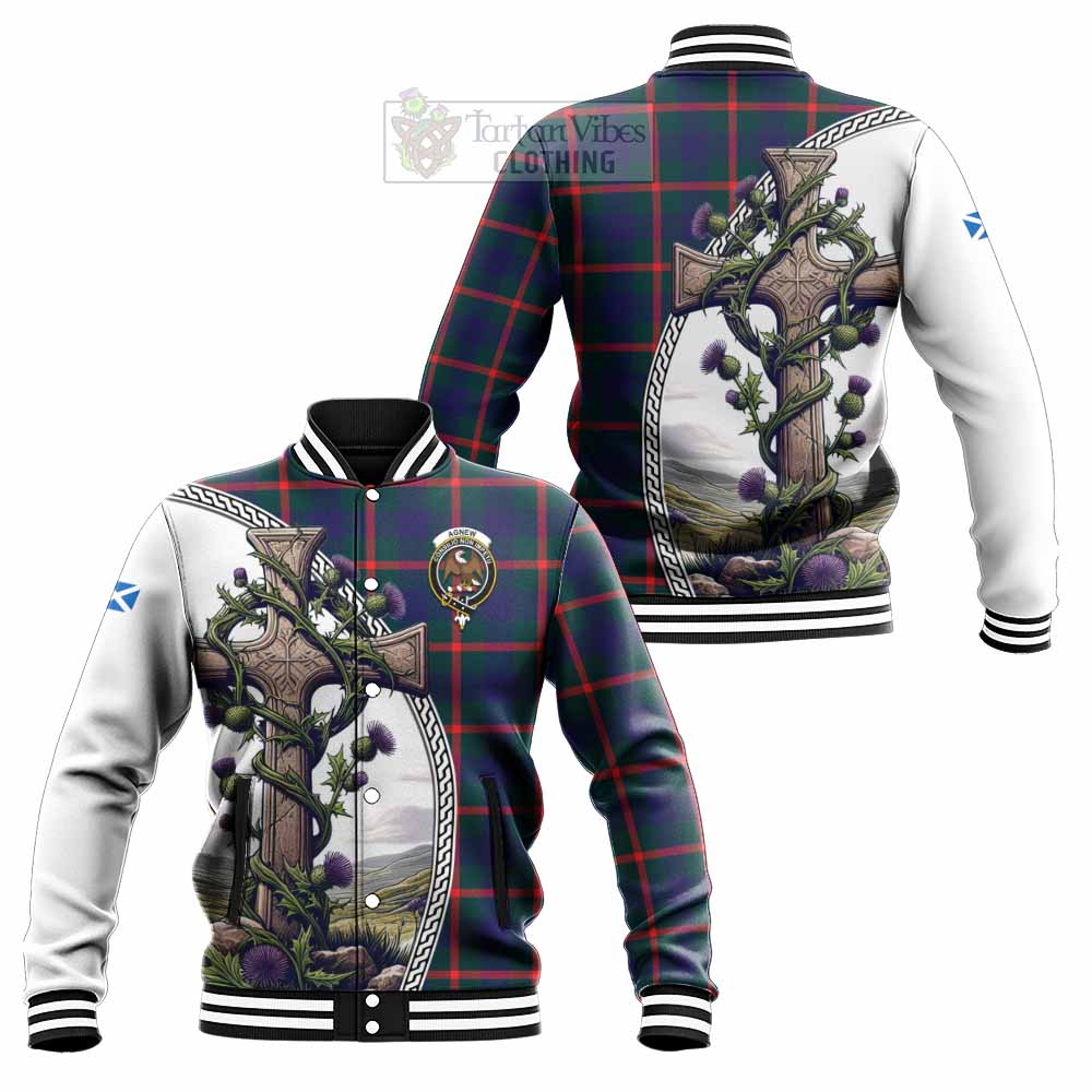 Tartan Vibes Clothing Agnew Tartan Baseball Jacket with Family Crest and St. Andrew's Cross Accented by Thistle Vines