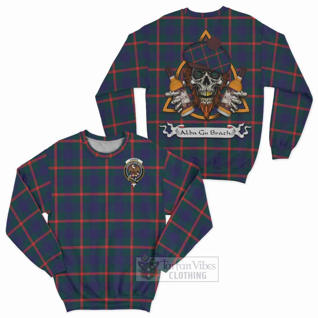 Tartan Vibes Clothing Agnew Tartan Sweatshirt with Family Crest and Bearded Skull Holding Bottles of Whiskey