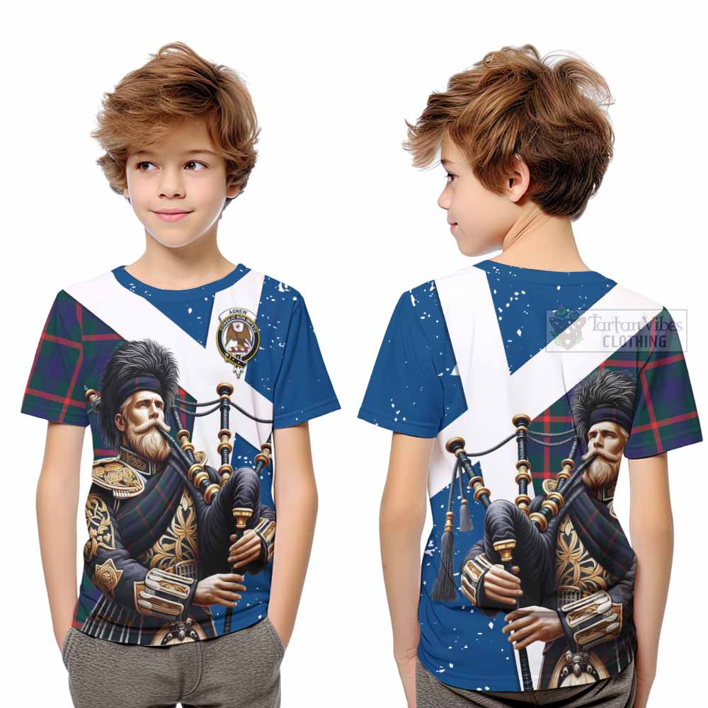 Tartan Vibes Clothing Agnew Tartan Kid T-Shirt with Family Crest Scottish Bagpiper Vibes