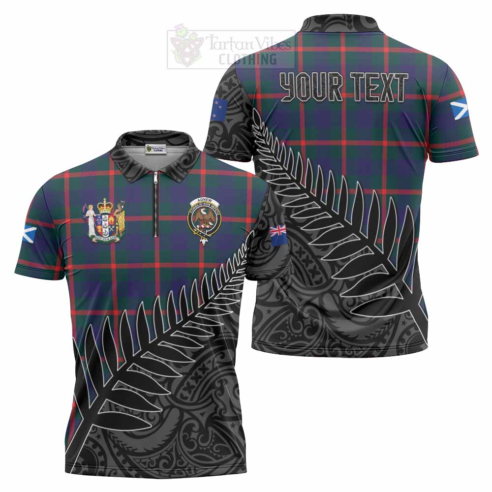 Tartan Vibes Clothing Agnew Crest Tartan Zipper Polo Shirt with New Zealand Silver Fern Half Style