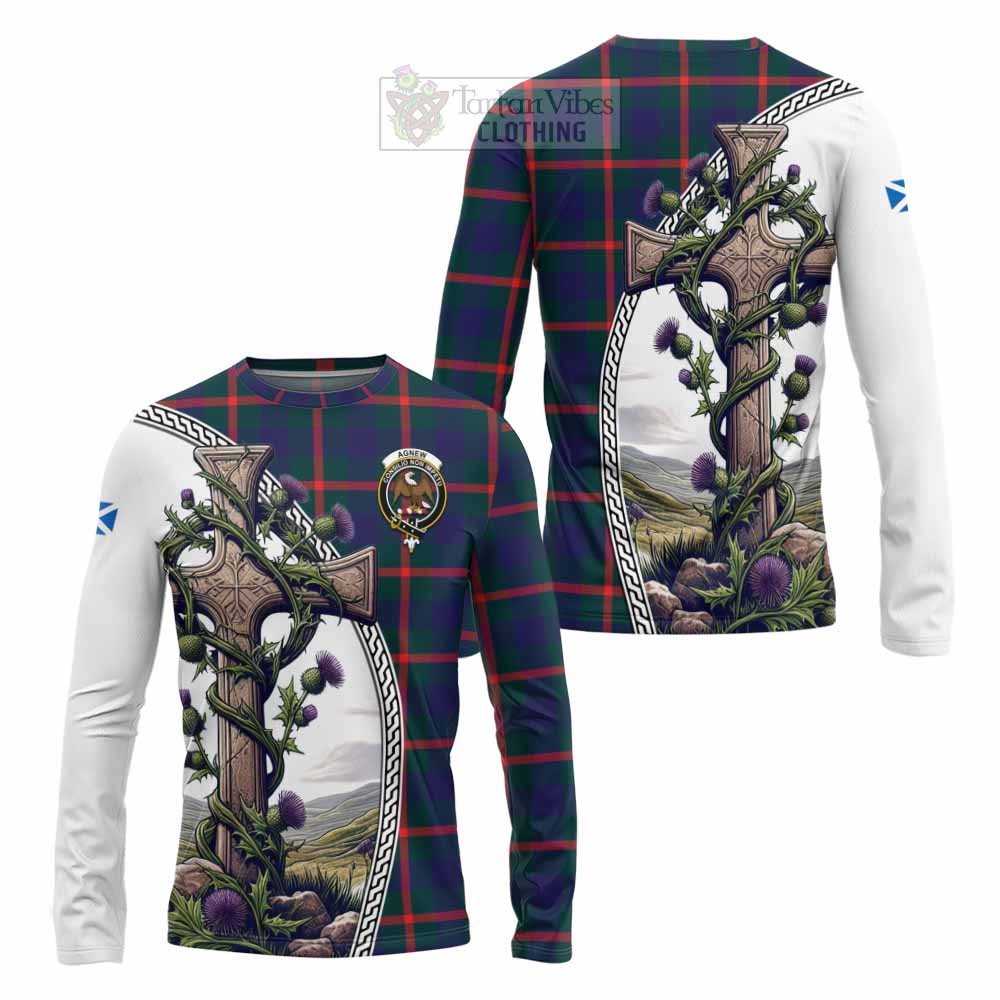 Tartan Vibes Clothing Agnew Tartan Long Sleeve T-Shirt with Family Crest and St. Andrew's Cross Accented by Thistle Vines