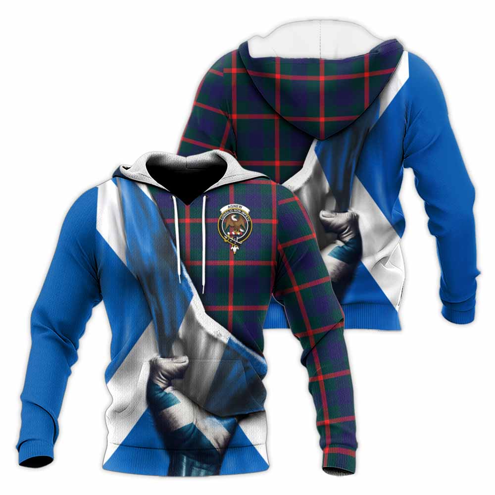 Tartan Vibes Clothing Agnew Tartan Knitted Hoodie with Family Crest Scotland Patriotic Style