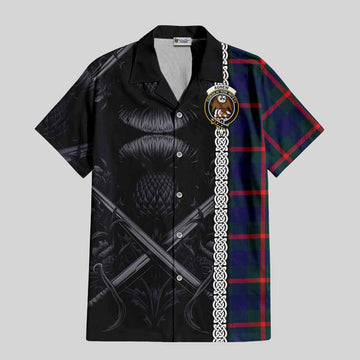 Agnew Tartan Short Sleeve Button Shirt with Family Crest Cross Sword Thistle Celtic Vibes