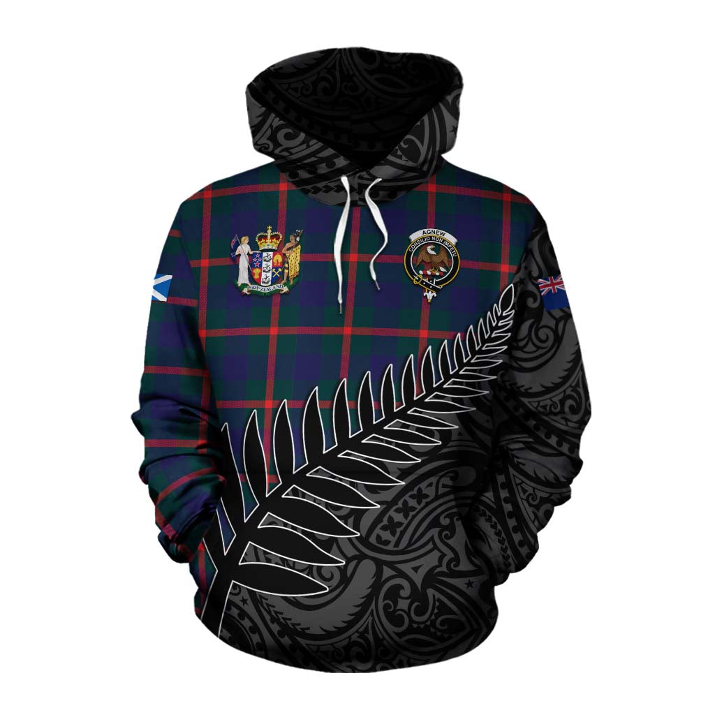 Tartan Vibes Clothing Agnew Crest Tartan Cotton Hoodie with New Zealand Silver Fern Half Style