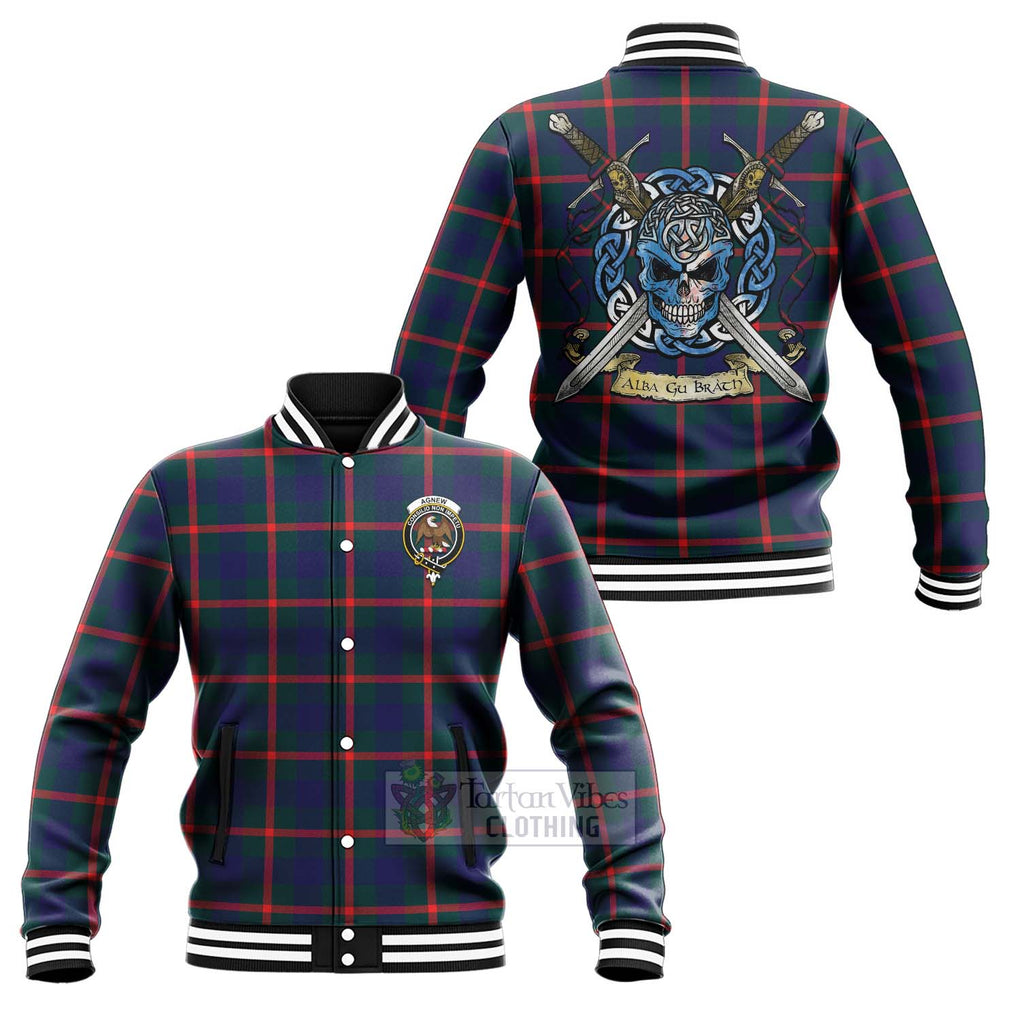 Tartan Vibes Clothing Agnew Tartan Baseball Jacket with Family Crest Celtic Skull Style