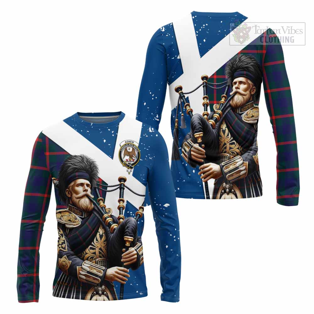 Tartan Vibes Clothing Agnew Tartan Long Sleeve T-Shirt with Family Crest Scottish Bagpiper Vibes