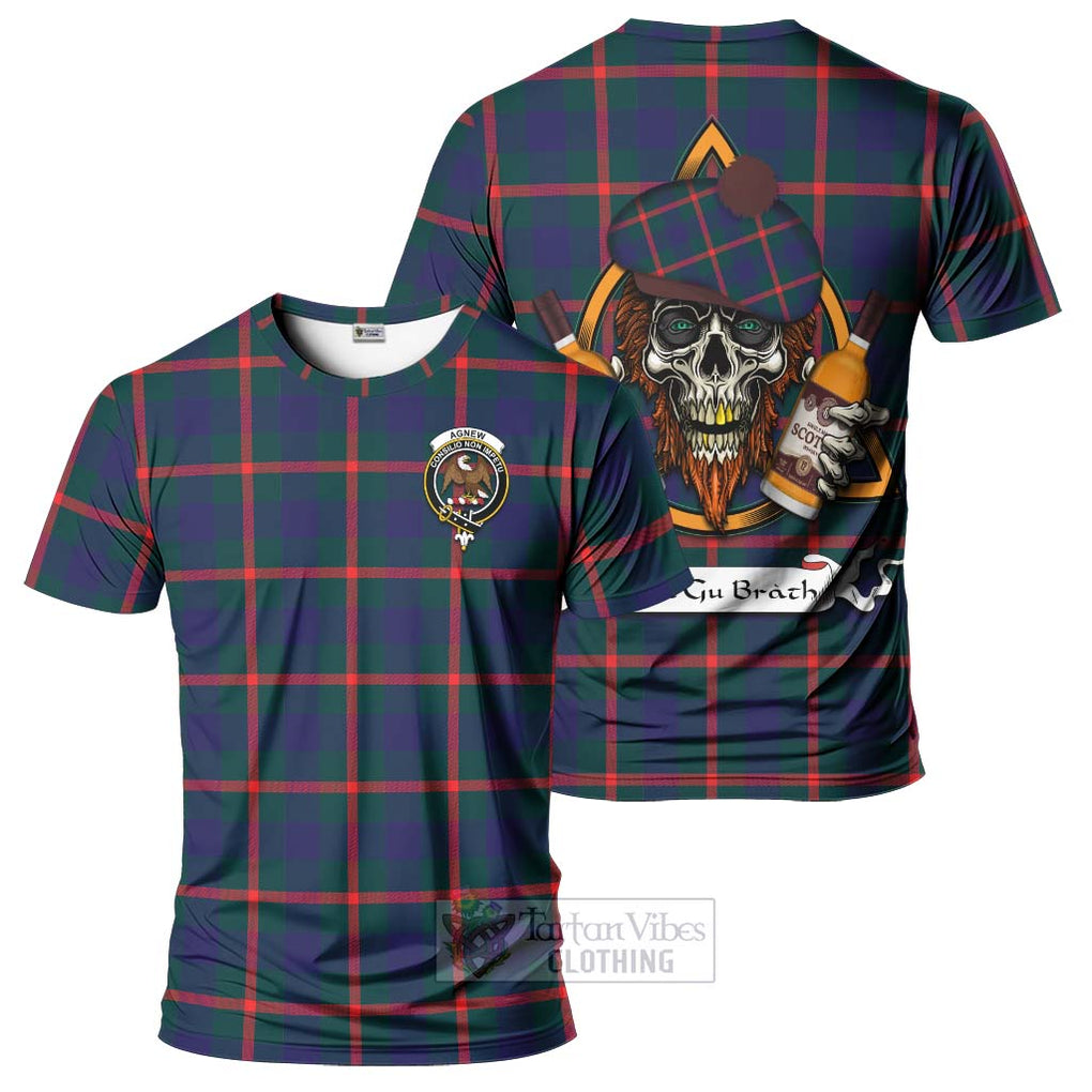 Tartan Vibes Clothing Agnew Tartan T-Shirt with Family Crest and Bearded Skull Holding Bottles of Whiskey