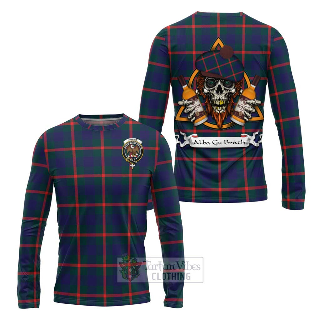 Tartan Vibes Clothing Agnew Tartan Long Sleeve T-Shirt with Family Crest and Bearded Skull Holding Bottles of Whiskey