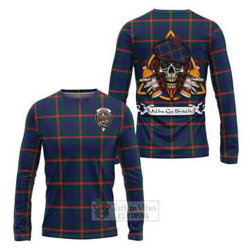 Agnew Tartan Long Sleeve T-Shirt with Family Crest and Bearded Skull Holding Bottles of Whiskey