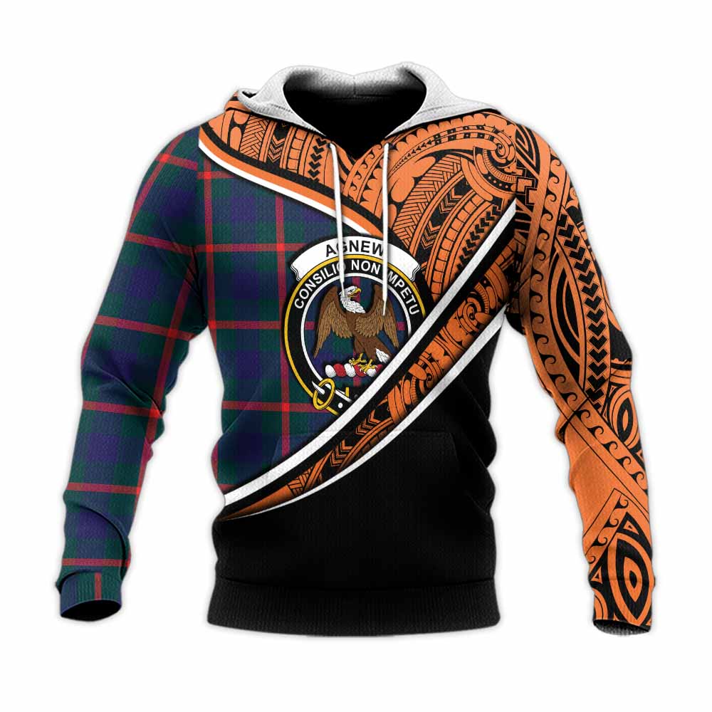 Tartan Vibes Clothing Agnew Crest Tartan Knitted Hoodie with Maori Tattoo Style - Orange Version