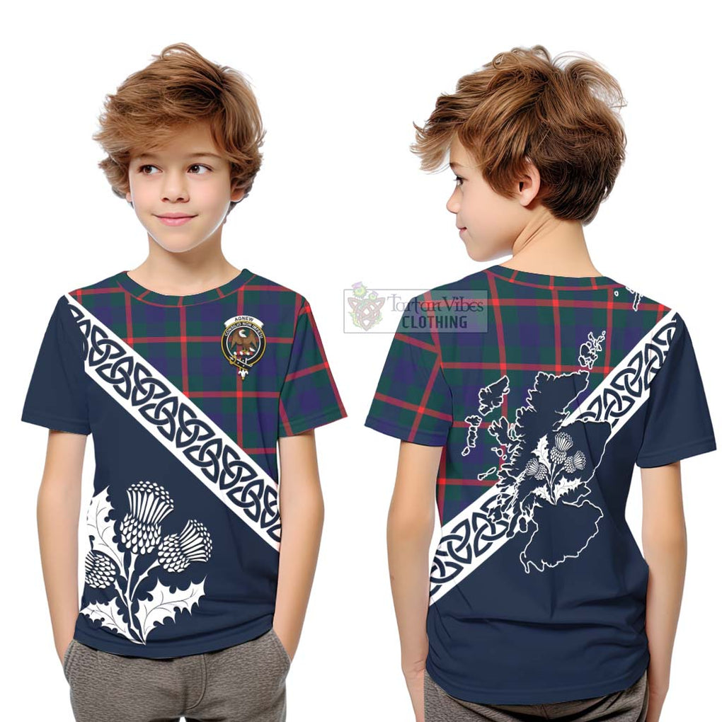 Tartan Vibes Clothing Agnew Tartan Kid T-Shirt Featuring Thistle and Scotland Map