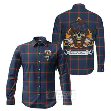 Agnew Tartan Long Sleeve Button Shirt with Family Crest and Bearded Skull Holding Bottles of Whiskey