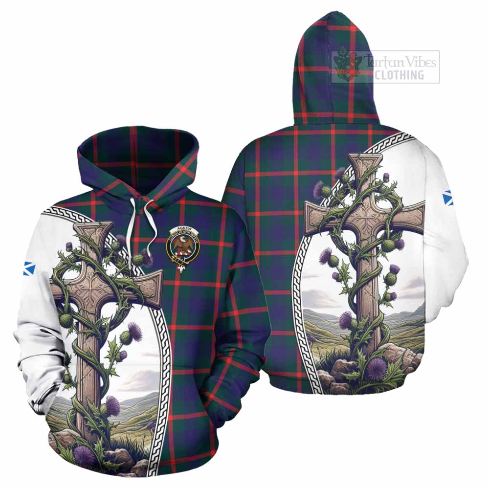 Tartan Vibes Clothing Agnew Tartan Hoodie with Family Crest and St. Andrew's Cross Accented by Thistle Vines