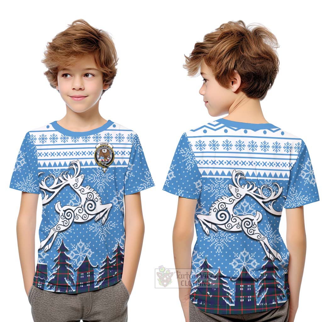 Tartan Vibes Clothing Agnew Clan Christmas Kid T-Shirt Celtic Reindeer Style